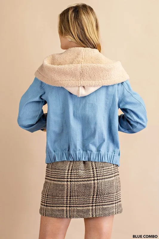 Blue Combo Faux Suede Piecing And Faux Fur Trim Jacket