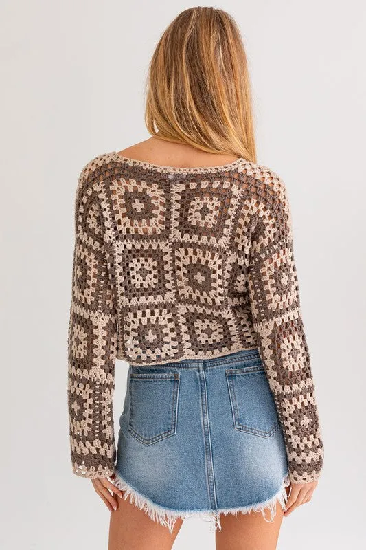 Bohemian Long Sleeve Floral Block Crochet Top