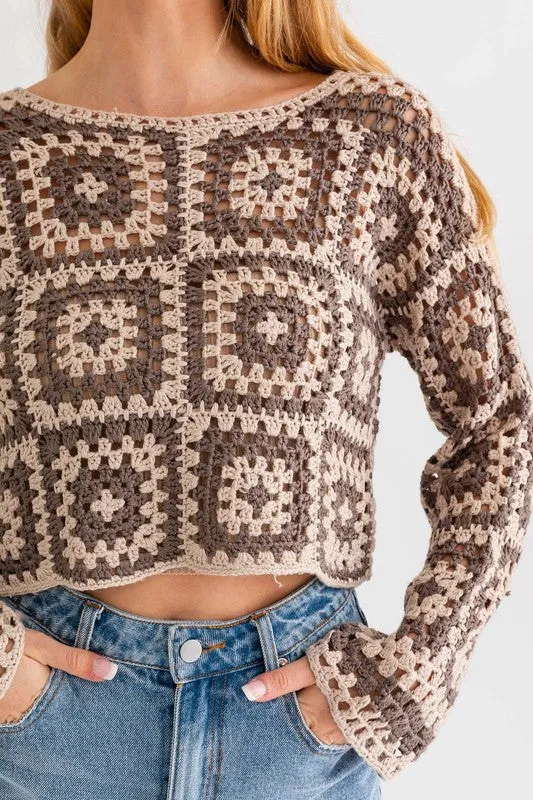 Bohemian Long Sleeve Floral Block Crochet Top