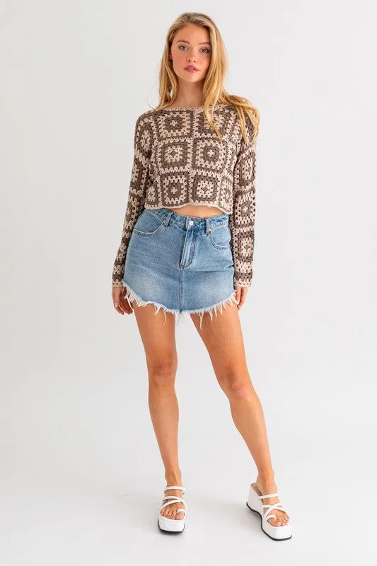 Bohemian Long Sleeve Floral Block Crochet Top