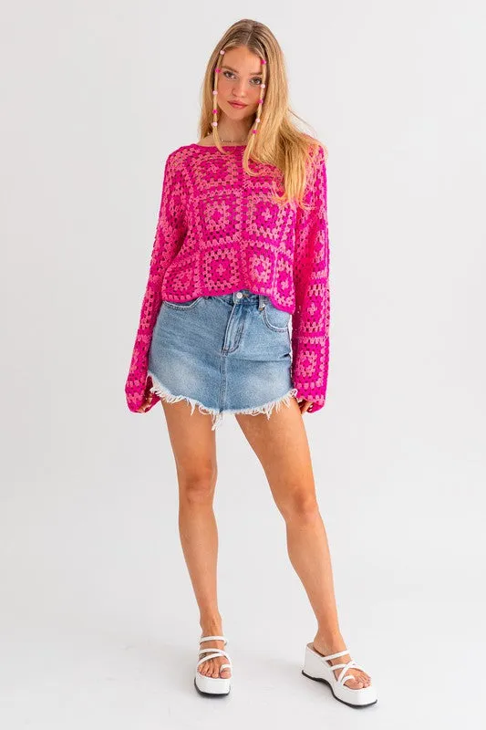 Bohemian Long Sleeve Floral Block Crochet Top