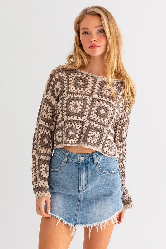 Bohemian Long Sleeve Floral Block Crochet Top