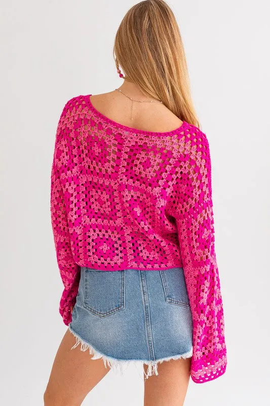 Bohemian Long Sleeve Floral Block Crochet Top