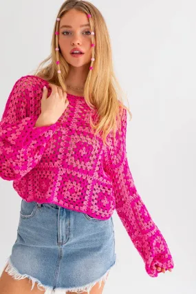 Bohemian Long Sleeve Floral Block Crochet Top