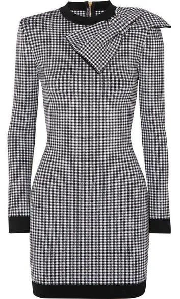 Bow-Embellished Gingham Stretch-Knit Mini Dress