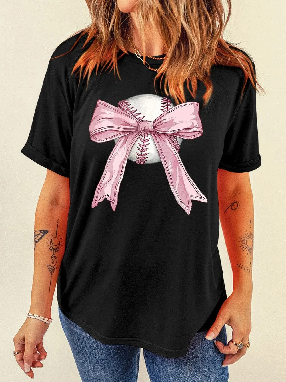 Bowknot Print Baseball Black Round Neck Graphic Tee