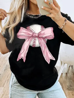 Bowknot Print Baseball Black Round Neck Graphic Tee