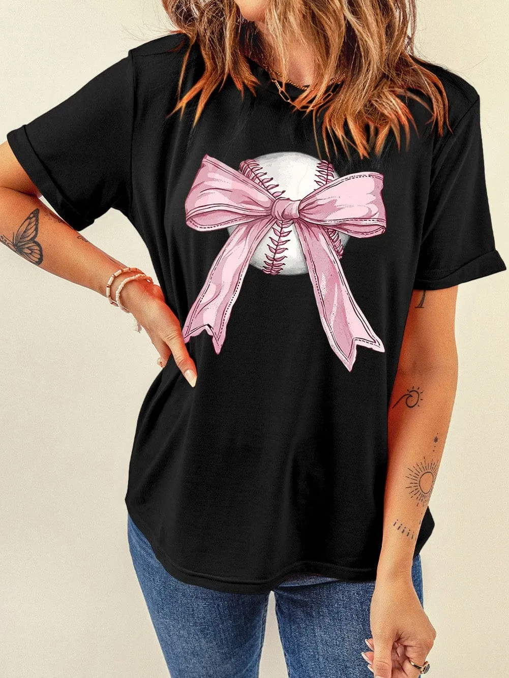 Bowknot Print Baseball Black Round Neck Graphic Tee