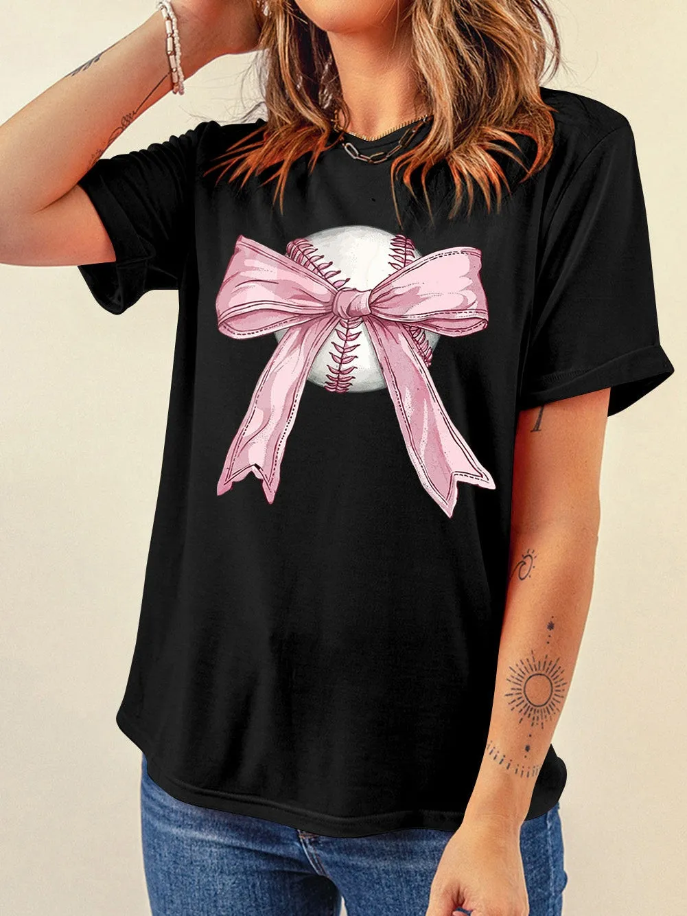 Bowknot Print Baseball Black Round Neck Graphic Tee