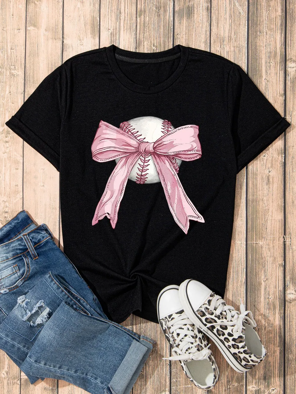 Bowknot Print Baseball Black Round Neck Graphic Tee