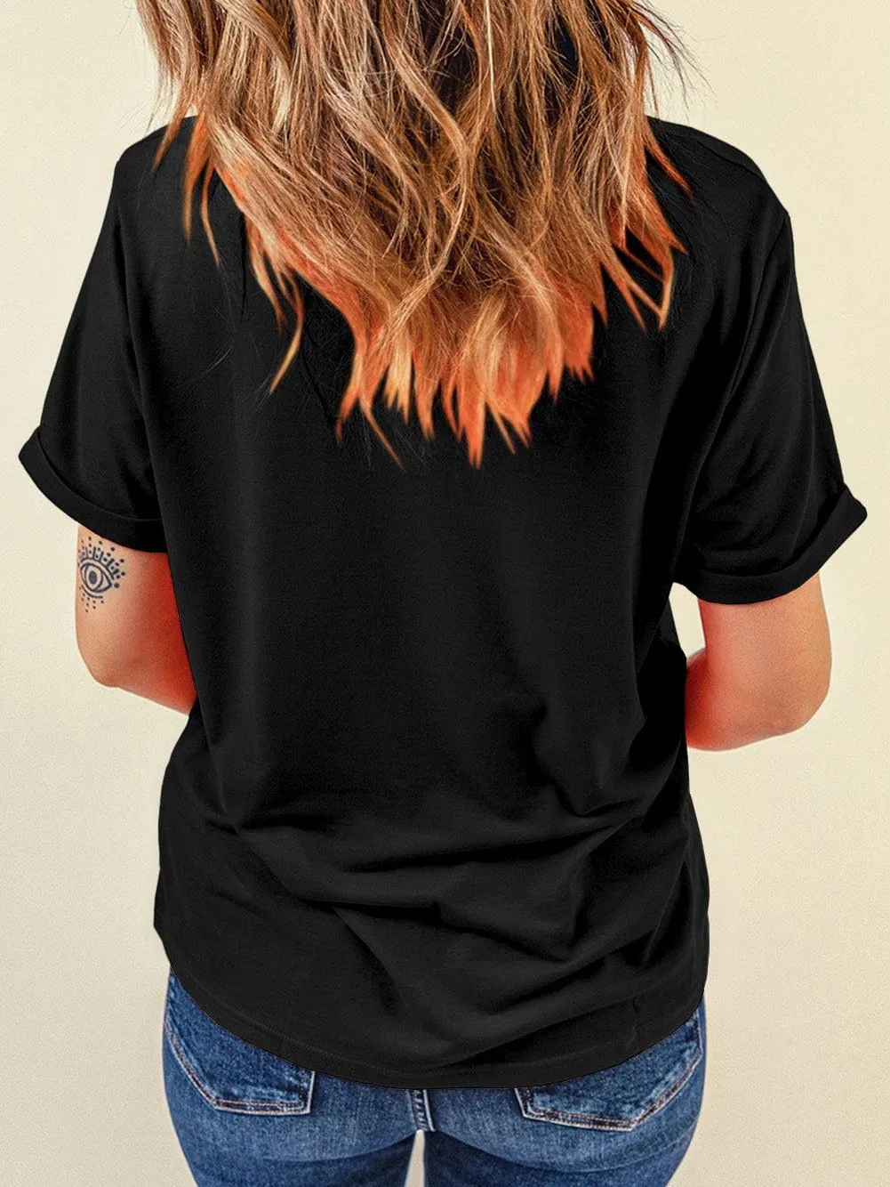 Bowknot Print Baseball Black Round Neck Graphic Tee