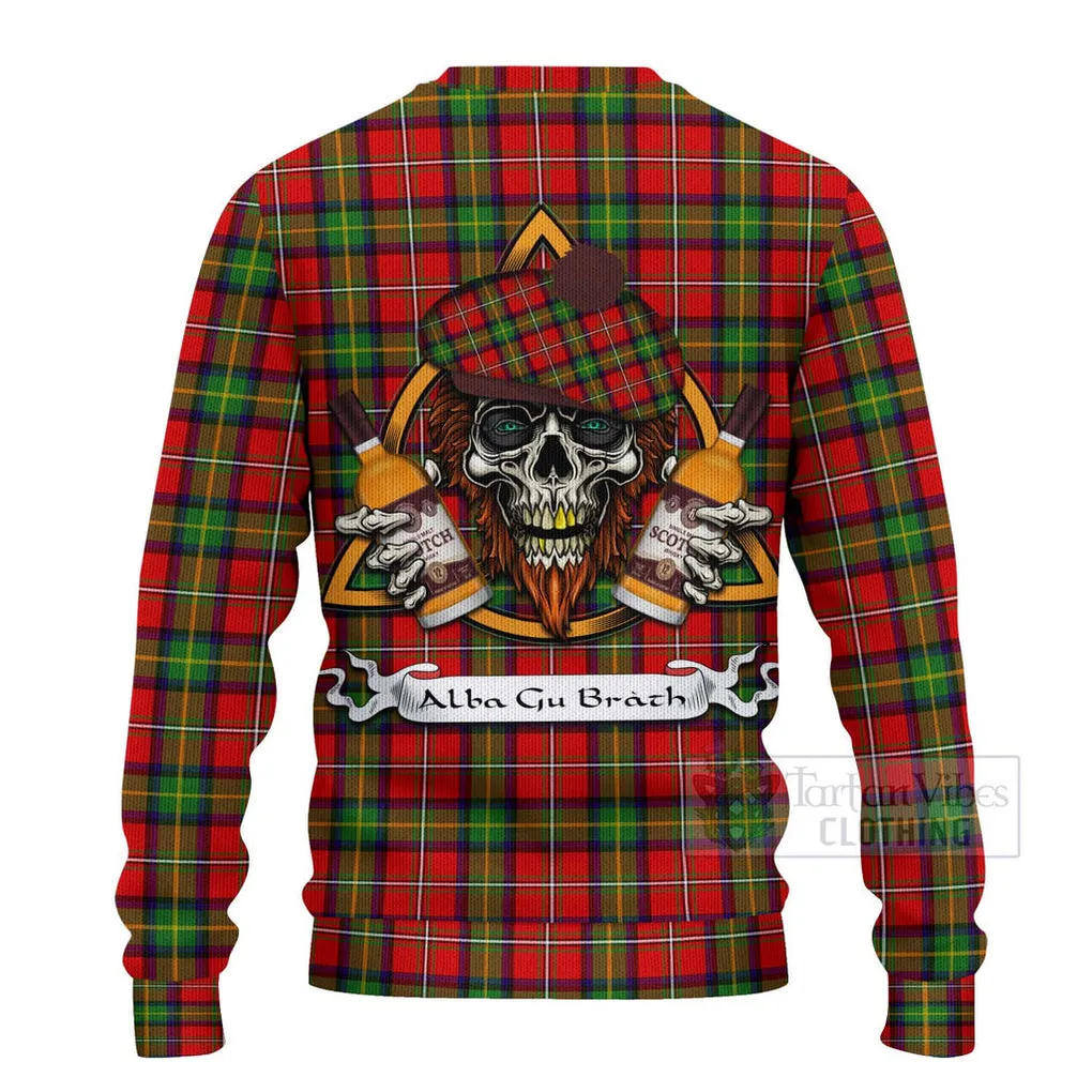 Boyd Tartan Ugly Sweater with Family Crest and Bearded Skull Holding Bottles of Whiskey