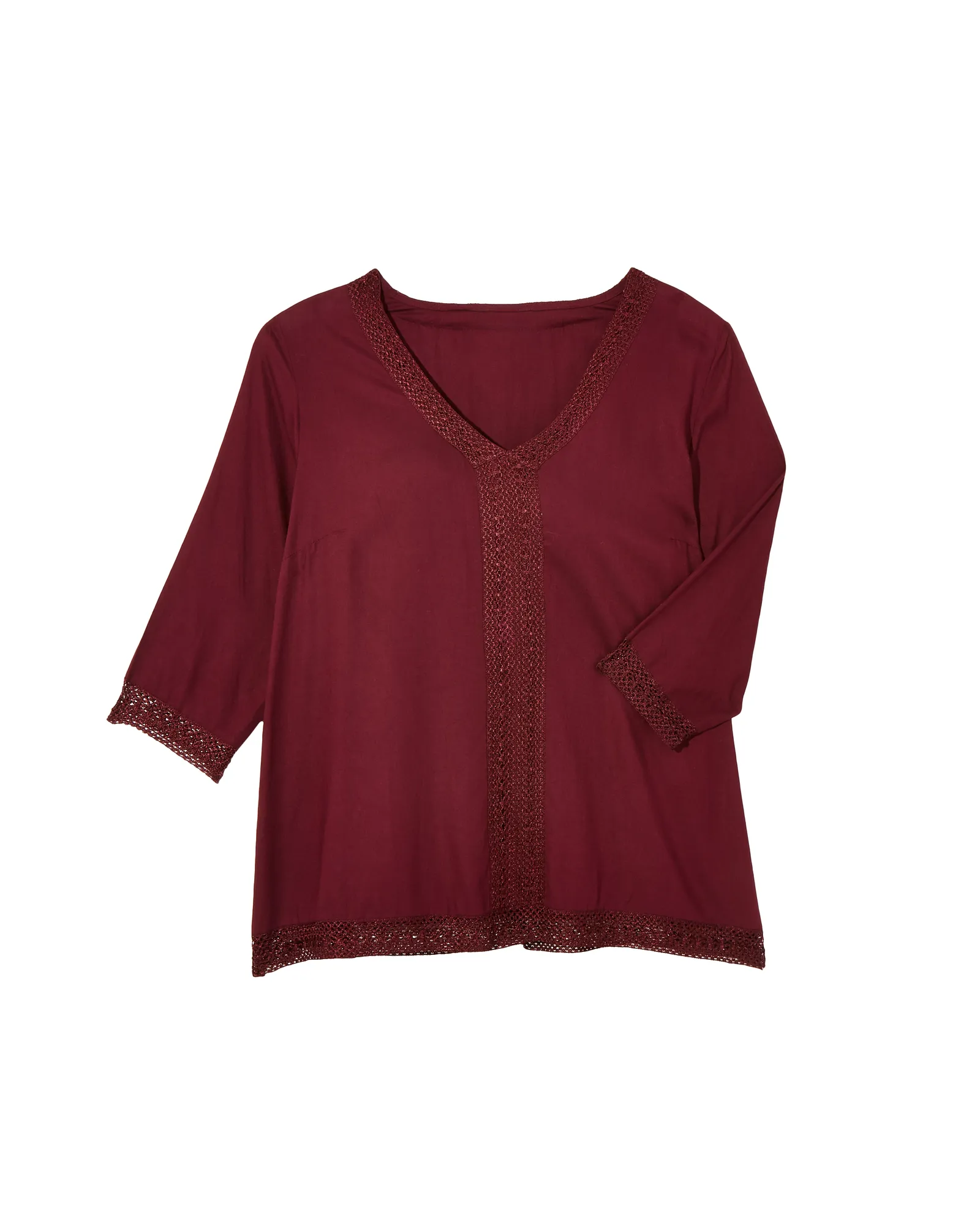 Bria Embroidered Trim 3/4 Sleeve Blouse | Burgundy