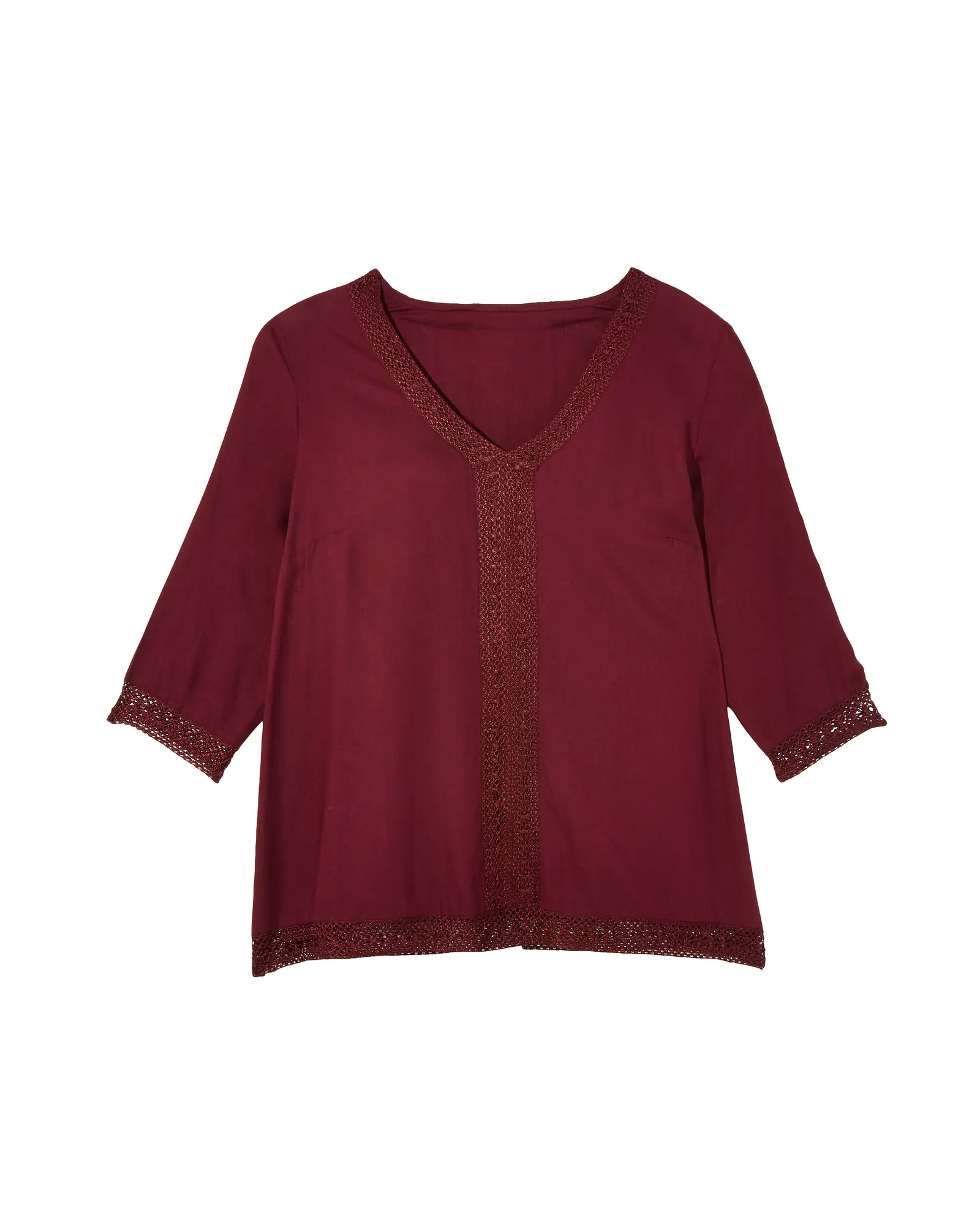 Bria Embroidered Trim 3/4 Sleeve Blouse | Burgundy