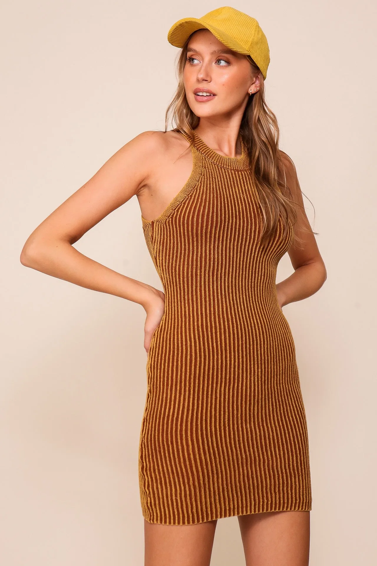 Brown Mineral Wash Bodycon Sweater Dress