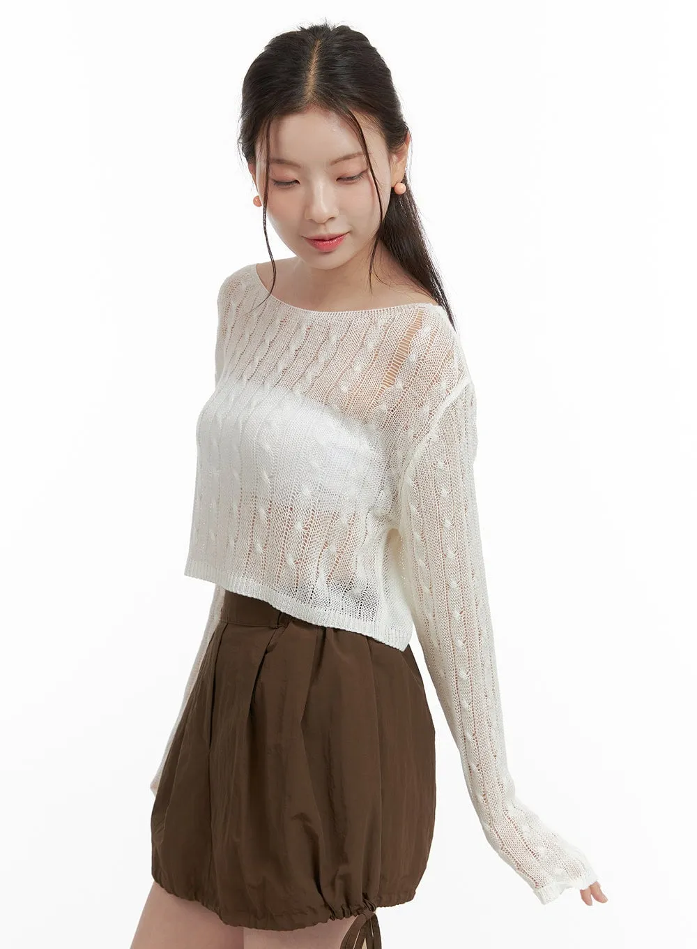 Cable Knit Sheer Crop Sweater OL417