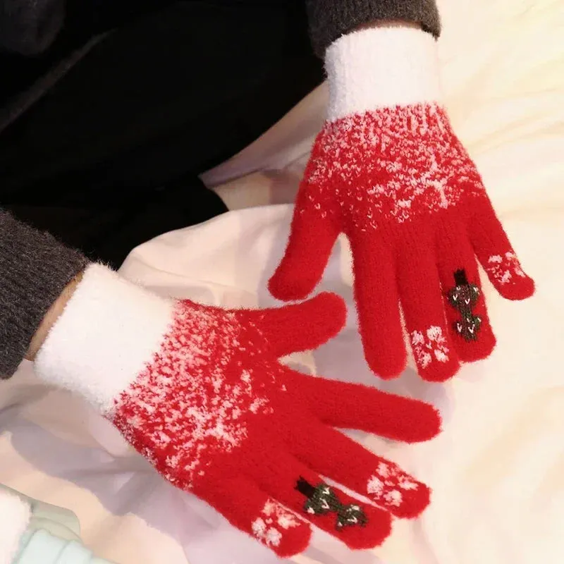 Cashmere Christmas Tree Knit Skiing Full Finger Plush Gloves