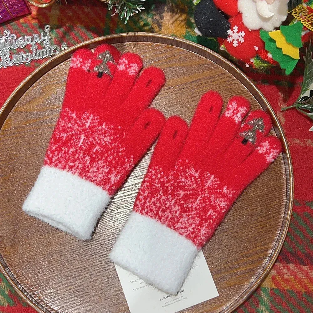 Cashmere Christmas Tree Knit Skiing Full Finger Plush Gloves