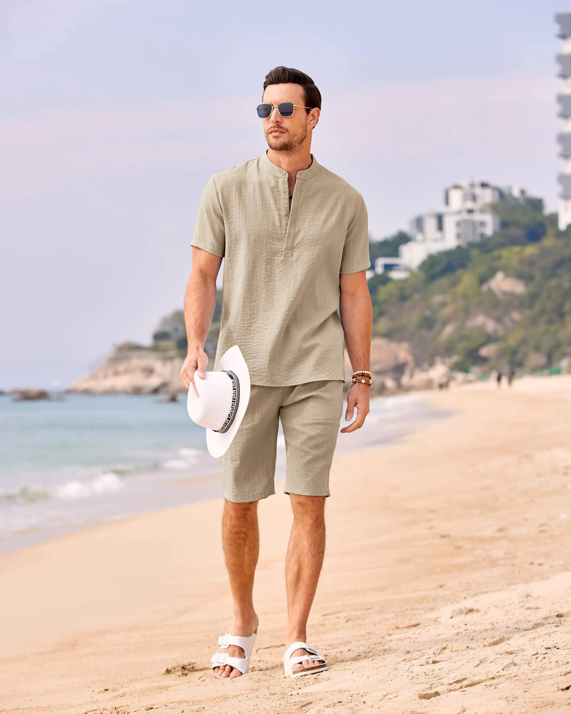 Casual 2 Pieces Cotton Linen Henley Shirt Set (US Only)