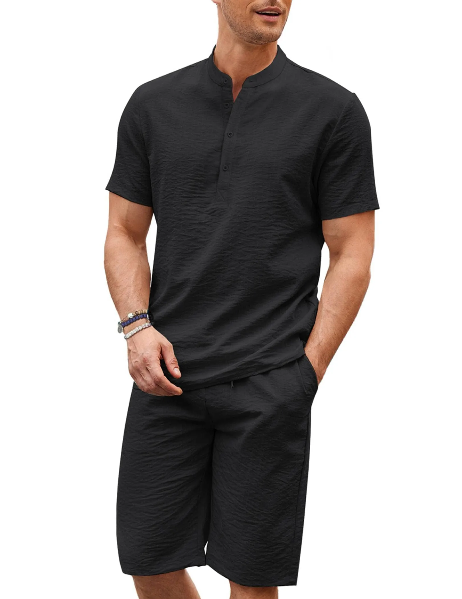 Casual 2 Pieces Cotton Linen Henley Shirt Set (US Only)