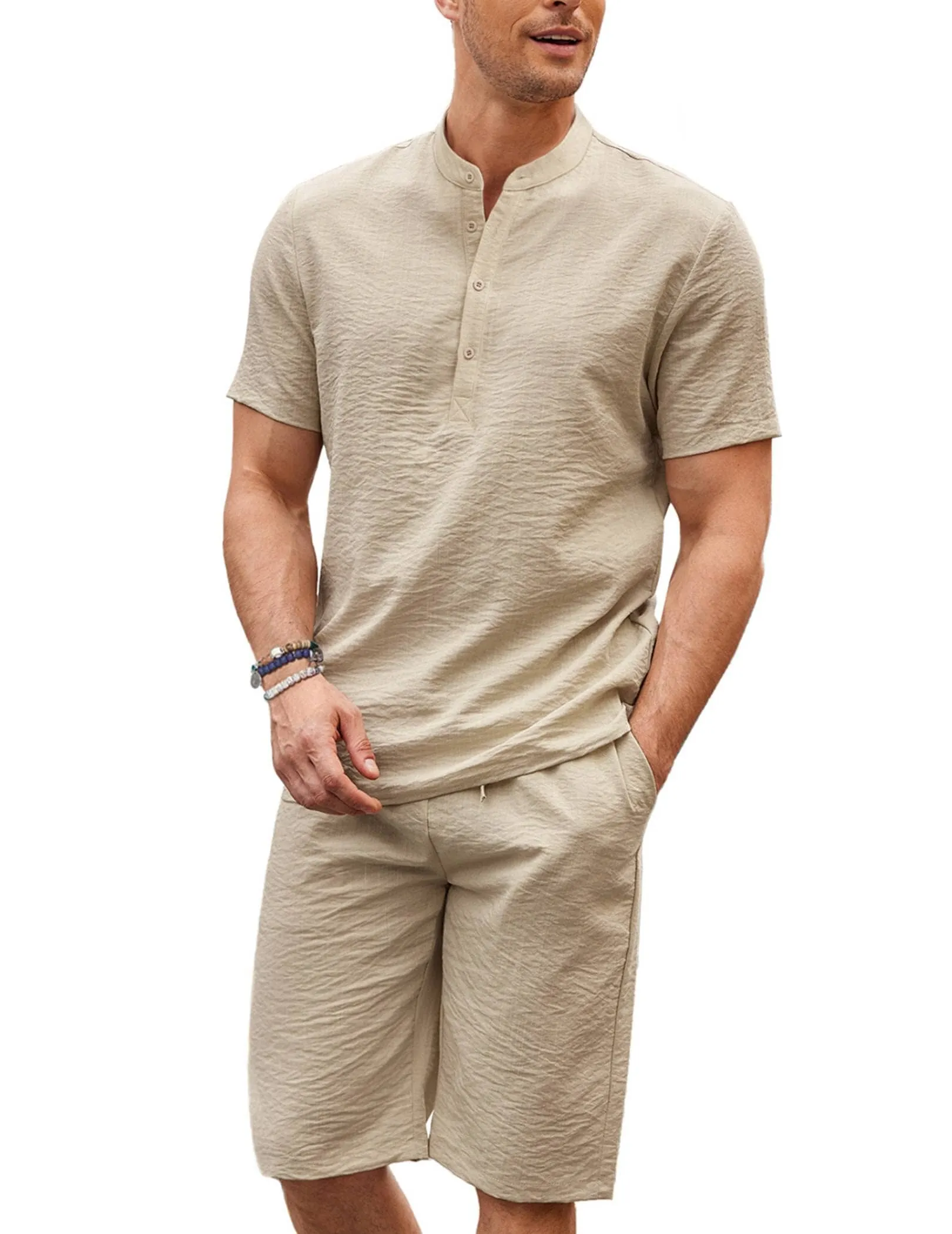 Casual 2 Pieces Cotton Linen Henley Shirt Set (US Only)