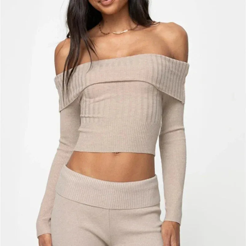 Casual The Sexy Long Off Solid Sleeve Knitted Slim Woman Pullovers Sweater Crop Sweaters Shoulders Bodycon Street Top