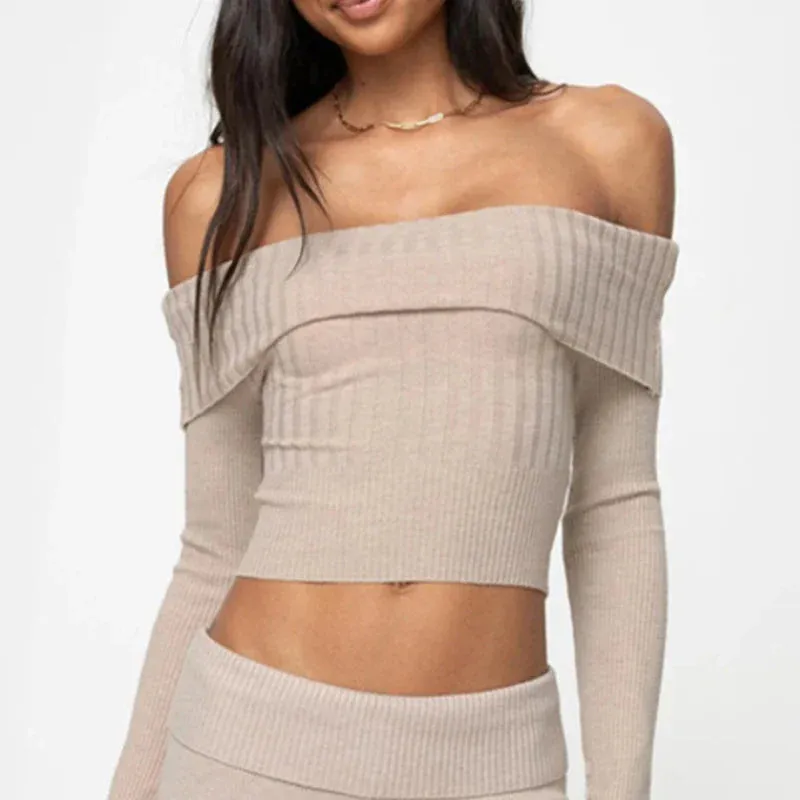 Casual The Sexy Long Off Solid Sleeve Knitted Slim Woman Pullovers Sweater Crop Sweaters Shoulders Bodycon Street Top