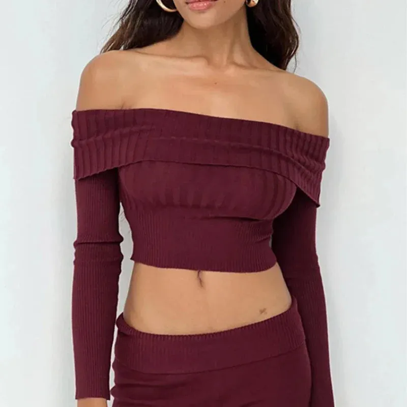 Casual The Sexy Long Off Solid Sleeve Knitted Slim Woman Pullovers Sweater Crop Sweaters Shoulders Bodycon Street Top