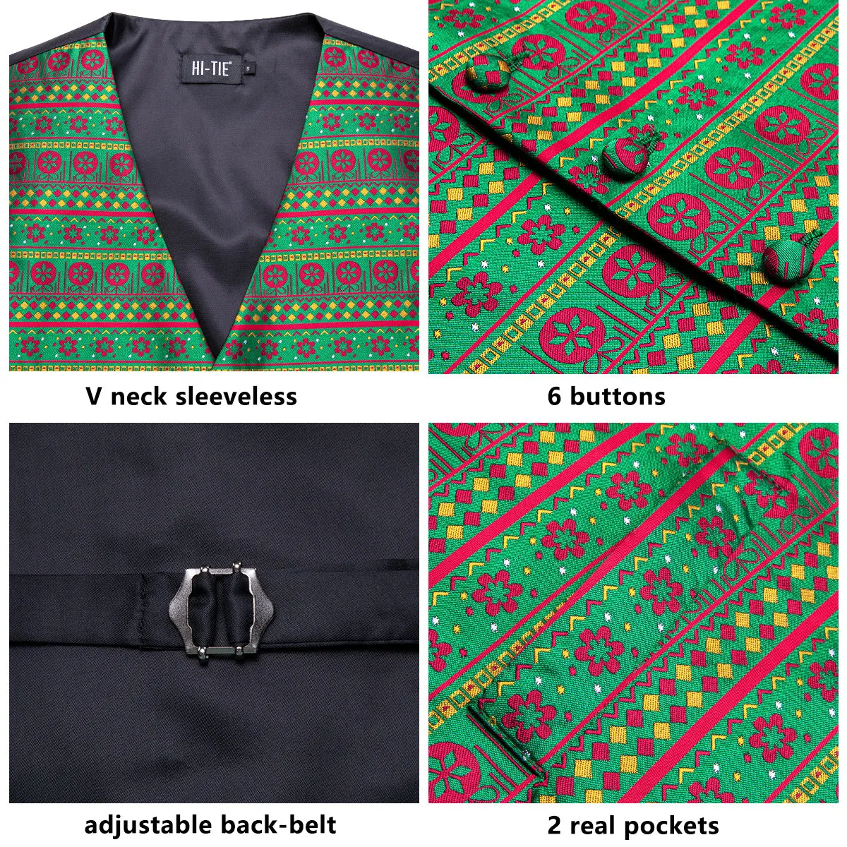 Christmas Green Novelty Men's Vest Hanky Cufflinks Tie Set