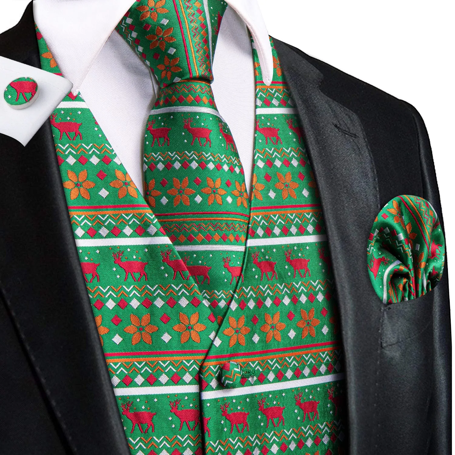 Christmas Pattern Green Novelty Men's Vest Hanky Cufflinks Tie Set