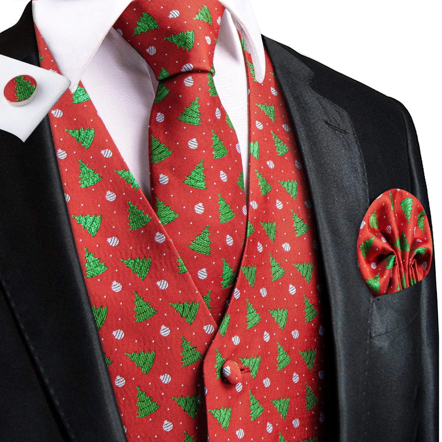 Christmas Red Green Novelty Men's Vest Hanky Cufflinks Tie Set