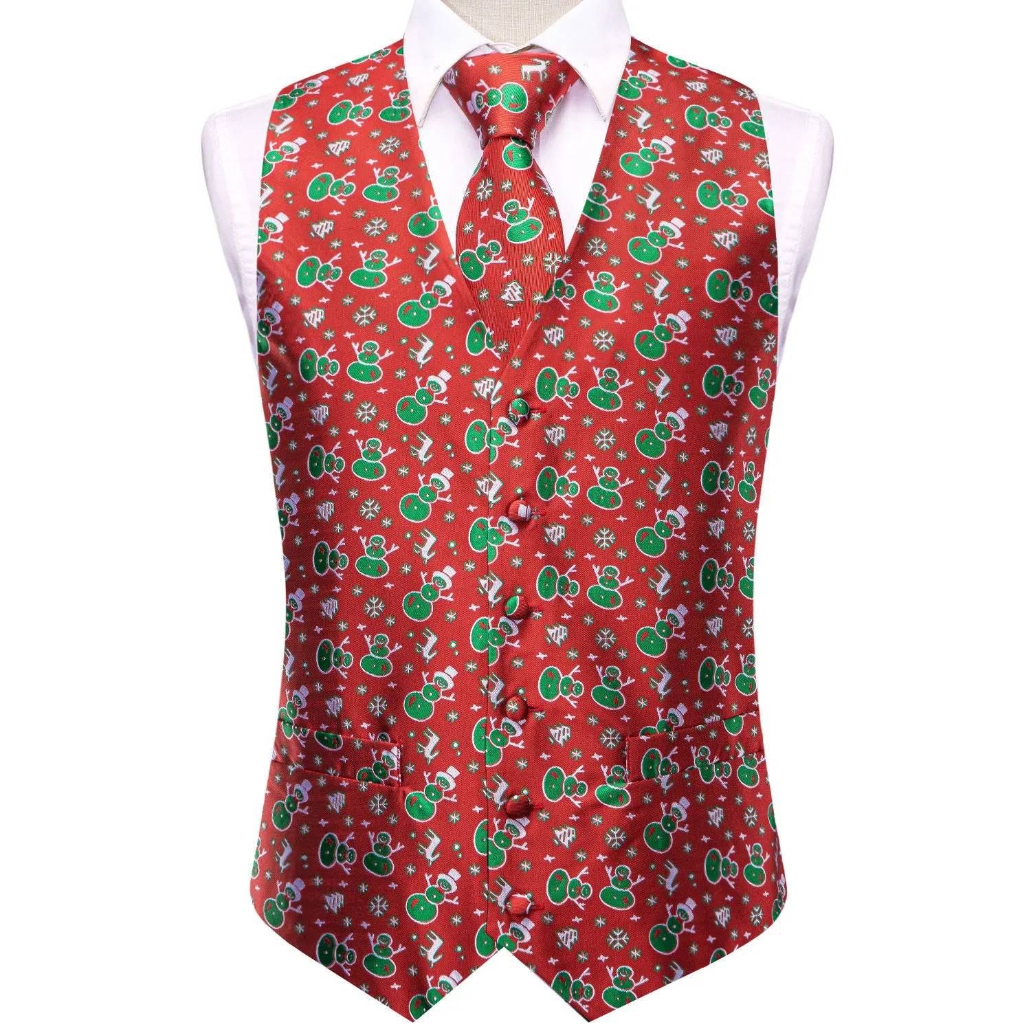 Christmas Red Green Snowmen Men's Vest Hanky Cufflinks Tie Set