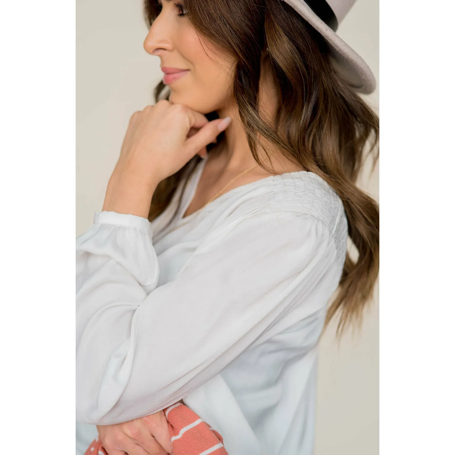 Classy Ruche Shoulder Button Sleeve Blouse