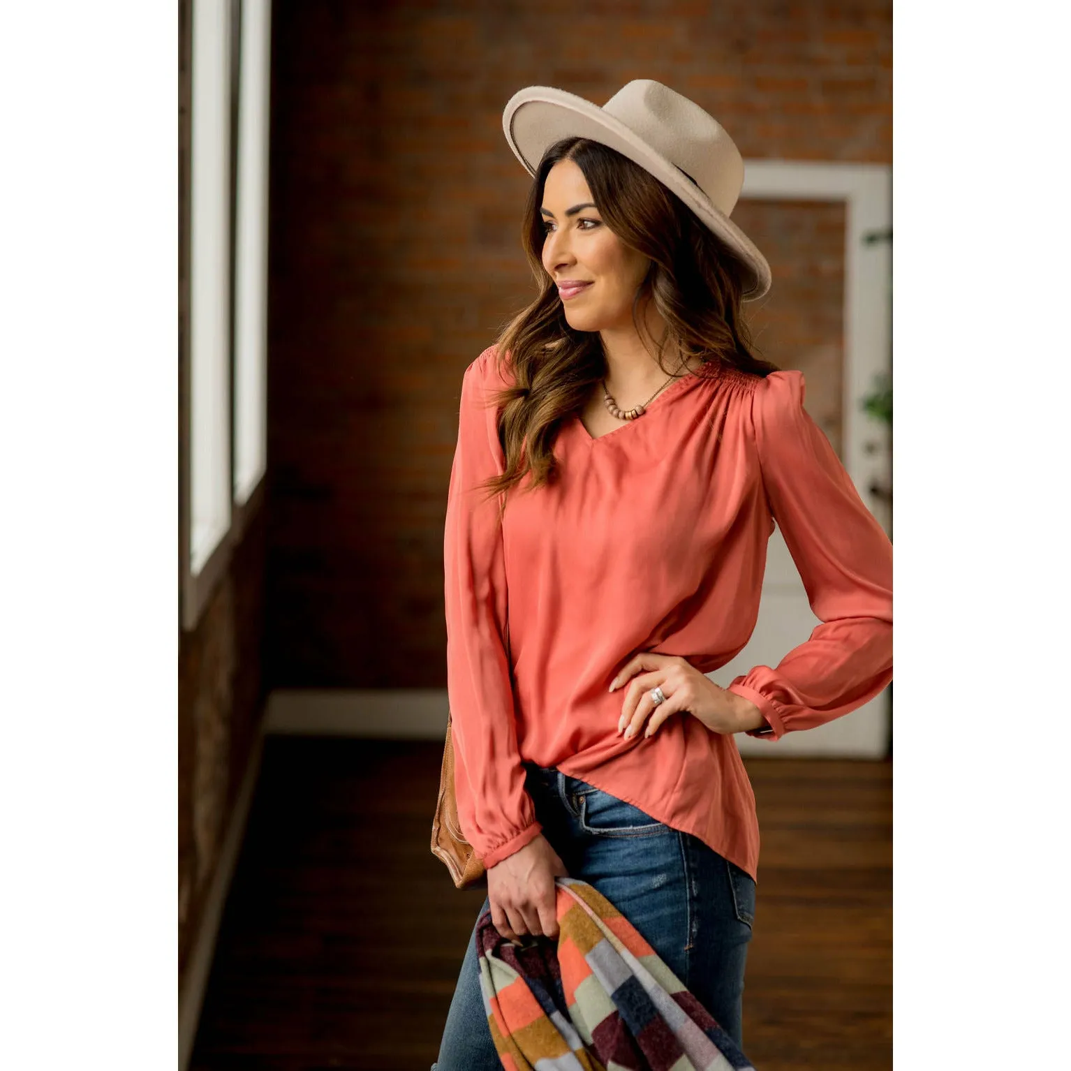 Classy Ruche Shoulder Button Sleeve Blouse