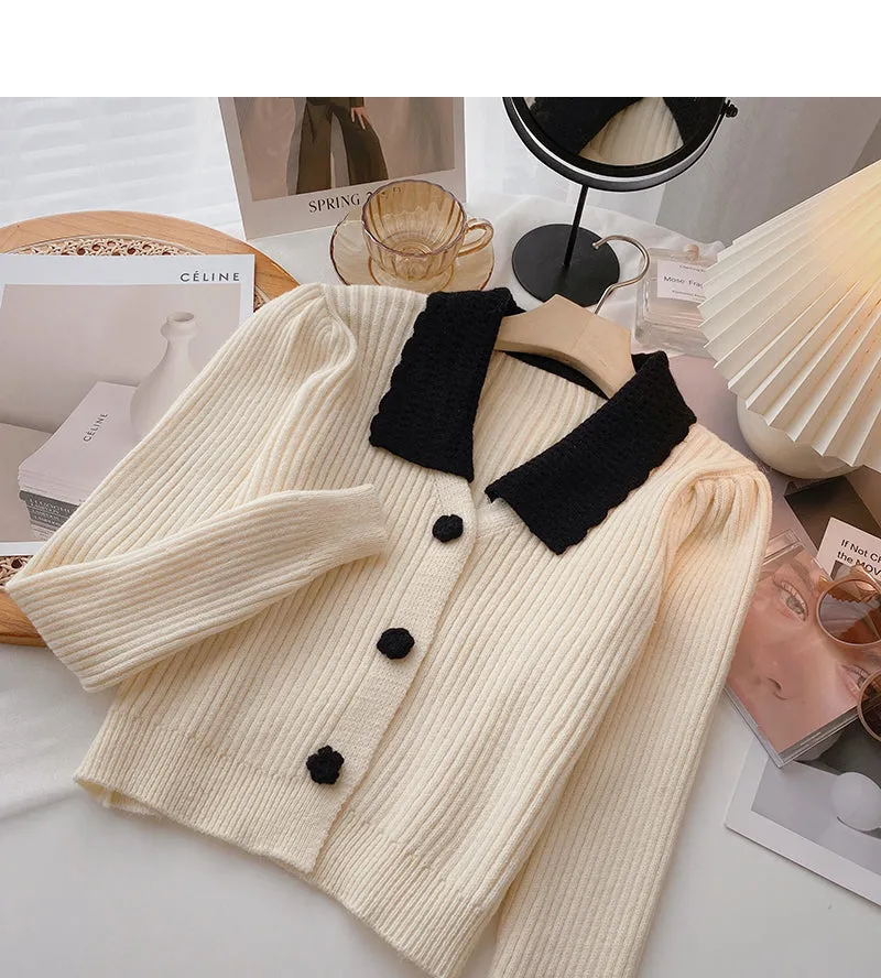 Color matching small flower button knitted sweater  6469