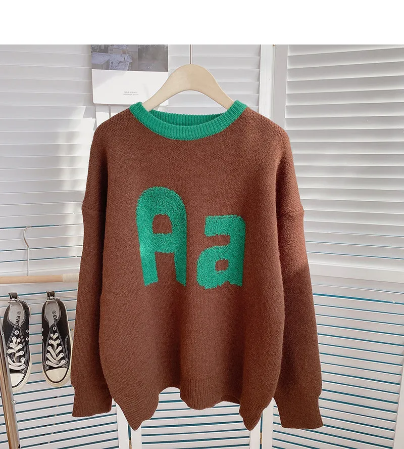 Contrast round neck jacquard flocking letter sweater  6173