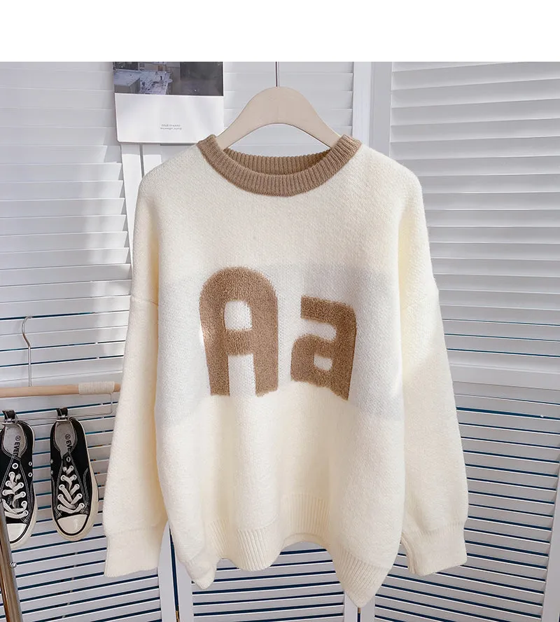 Contrast round neck jacquard flocking letter sweater  6173