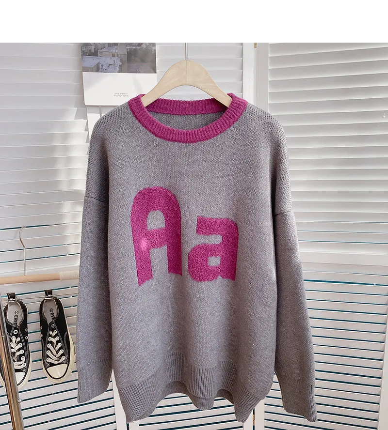 Contrast round neck jacquard flocking letter sweater  6173