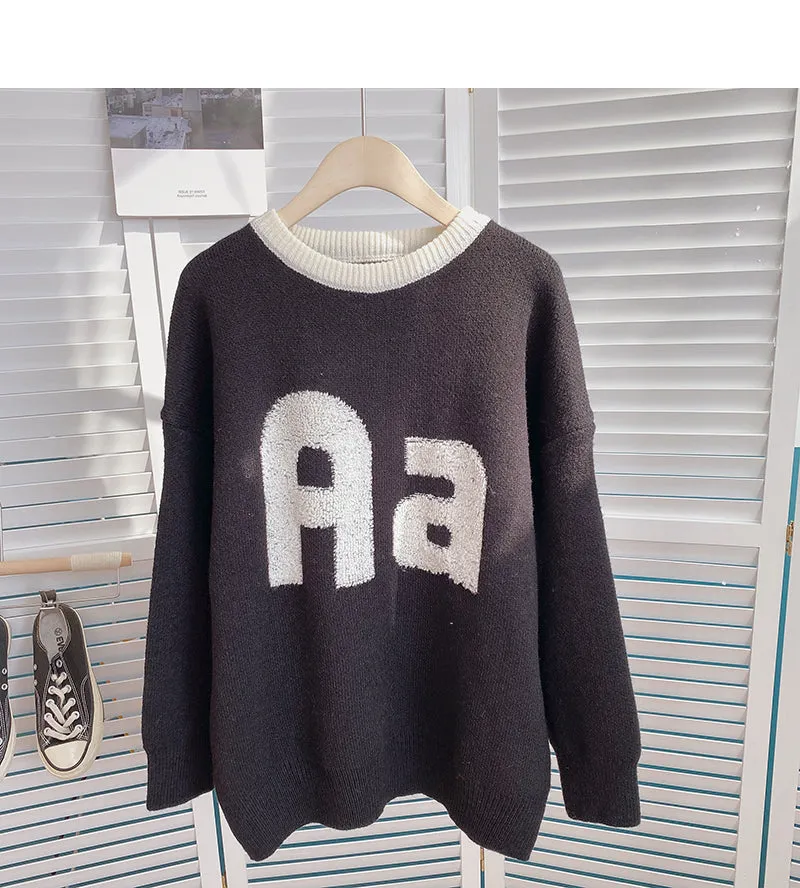 Contrast round neck jacquard flocking letter sweater  6173