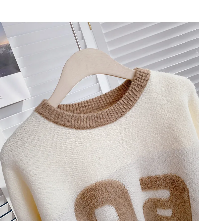 Contrast round neck jacquard flocking letter sweater  6173