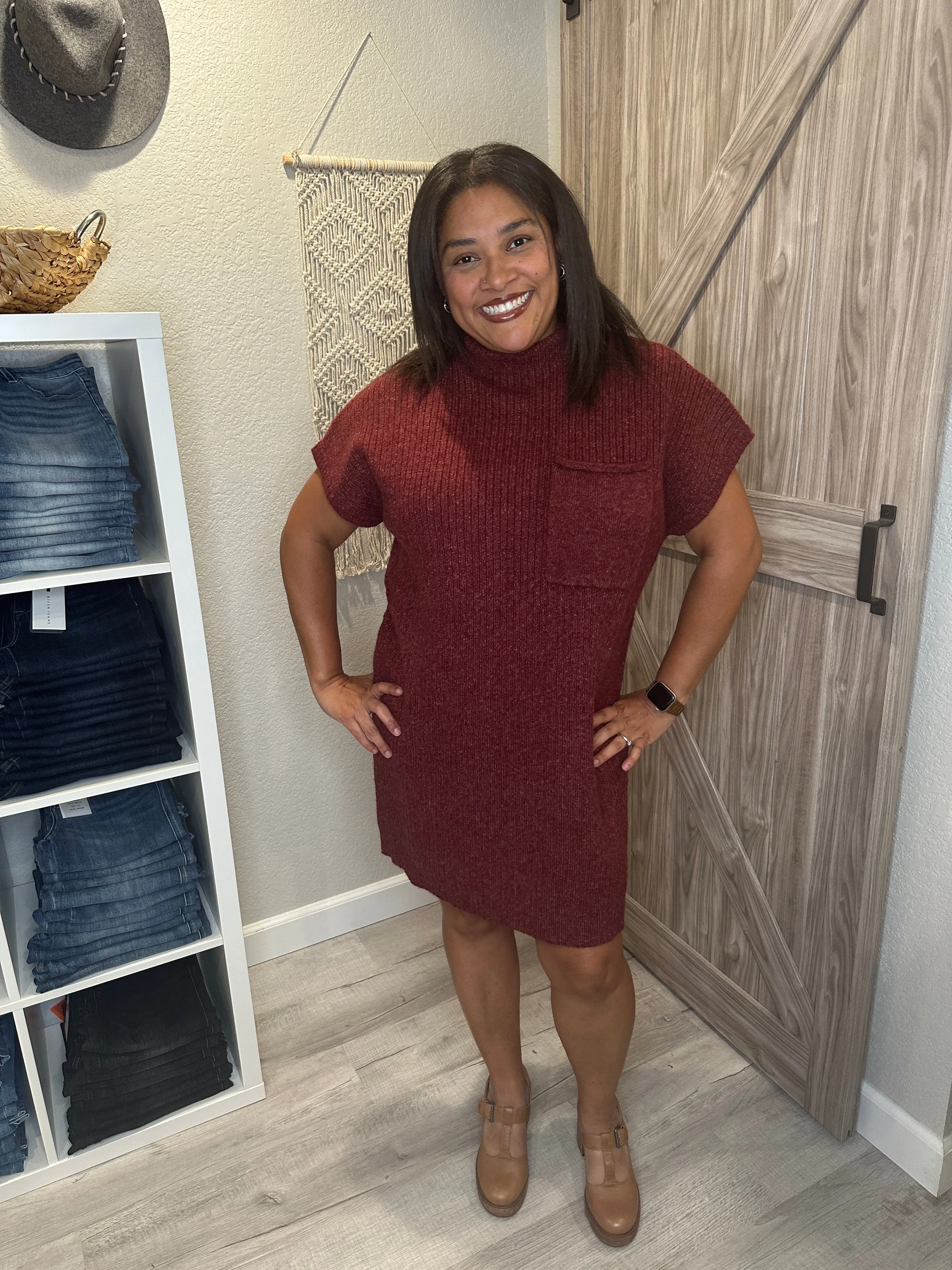 Cranberry Mock Neck Sweater Knit Above the Knee Dress