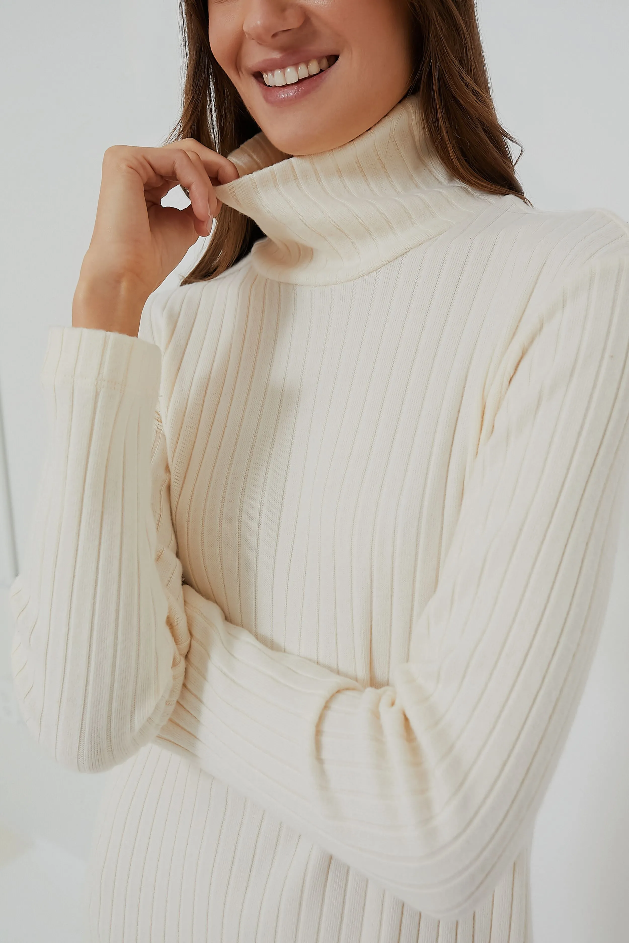 Creme Sweater Rib Turtleneck Dress