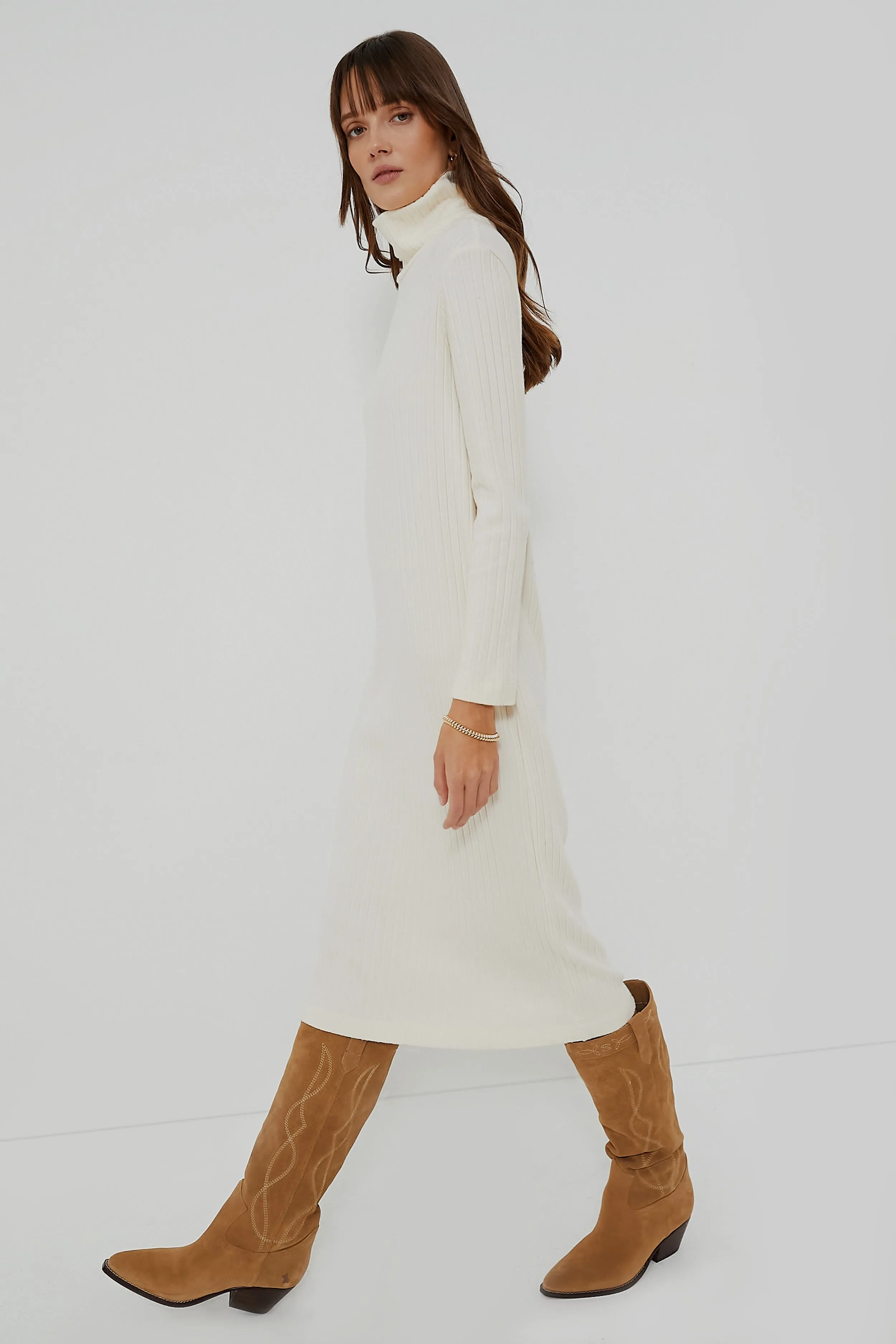 Creme Sweater Rib Turtleneck Dress