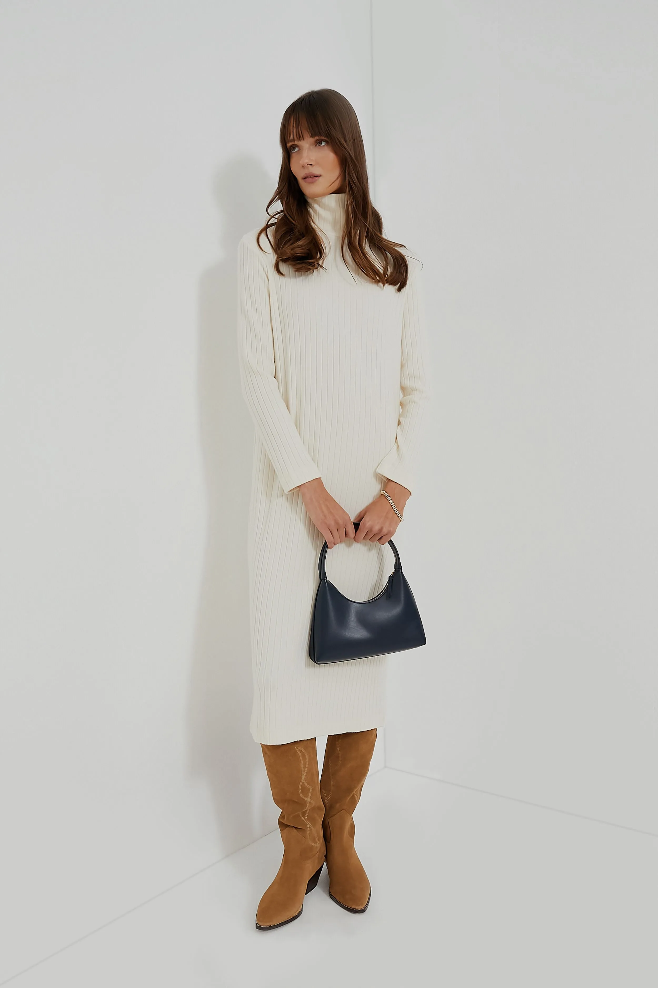 Creme Sweater Rib Turtleneck Dress