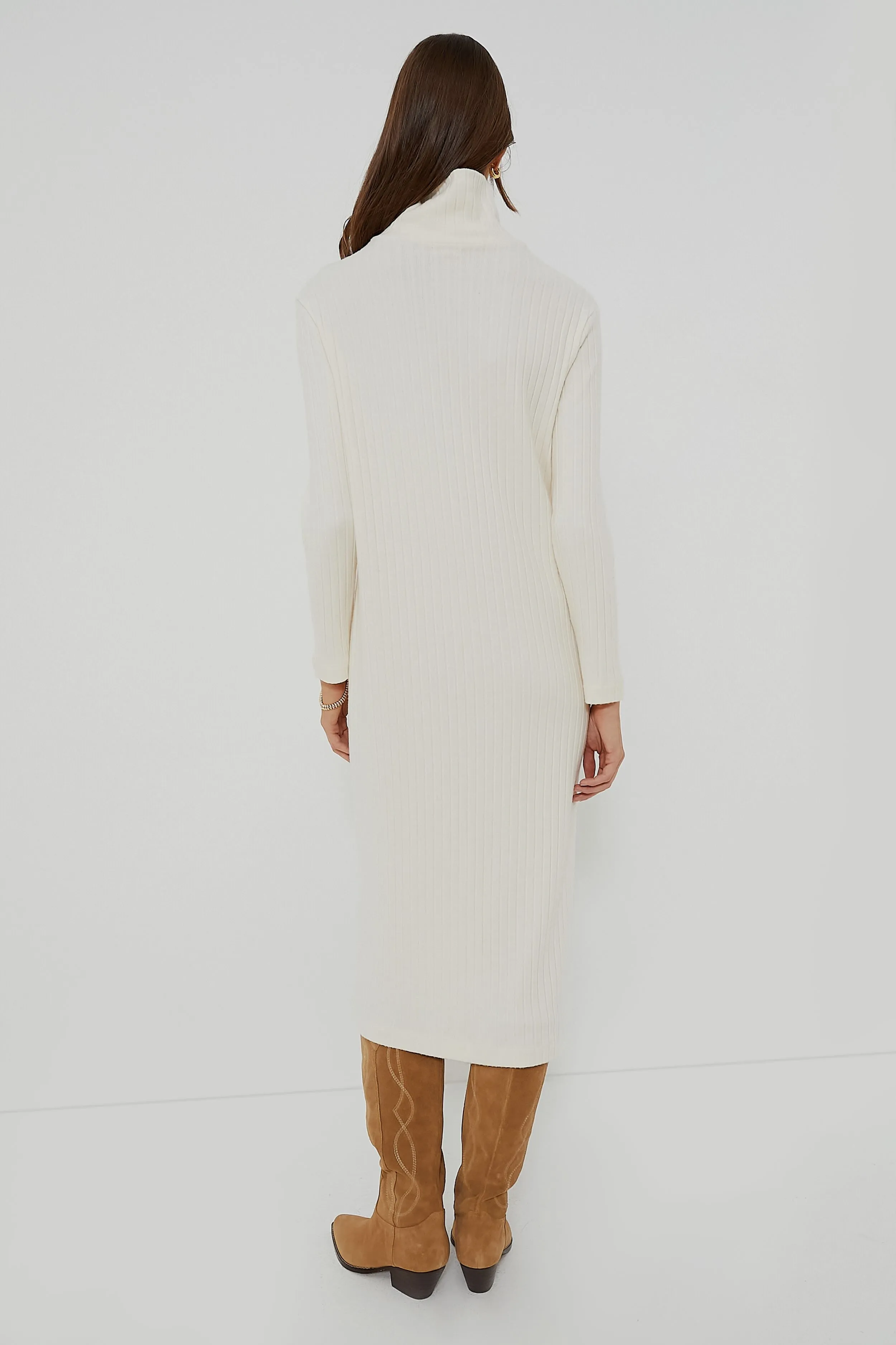 Creme Sweater Rib Turtleneck Dress