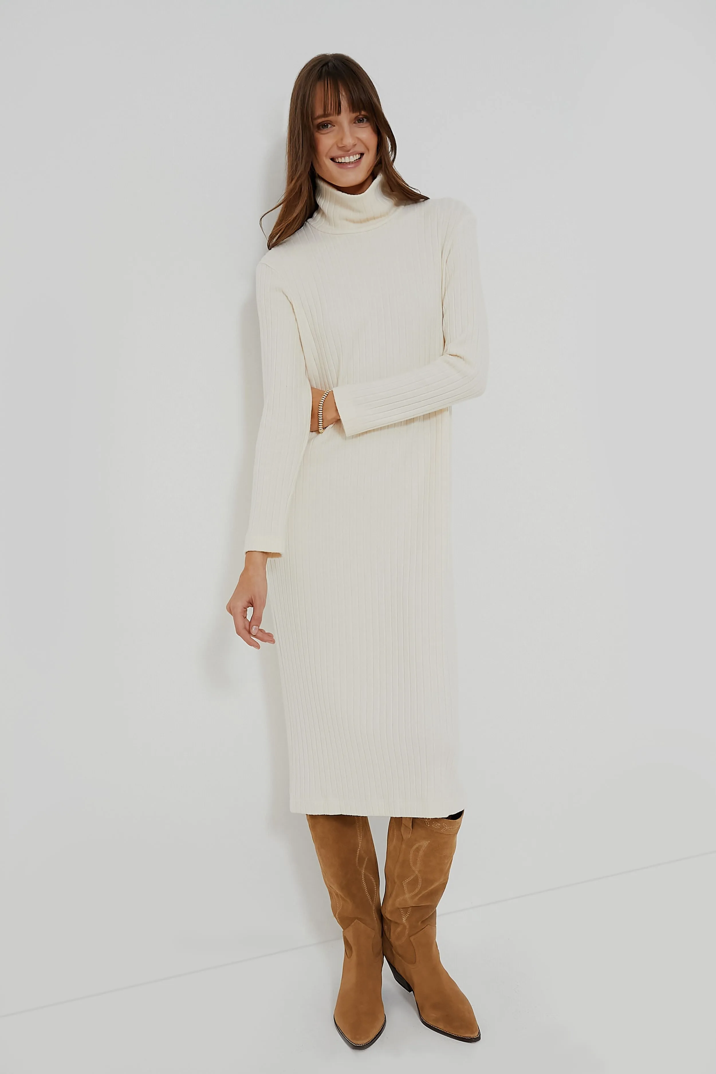 Creme Sweater Rib Turtleneck Dress