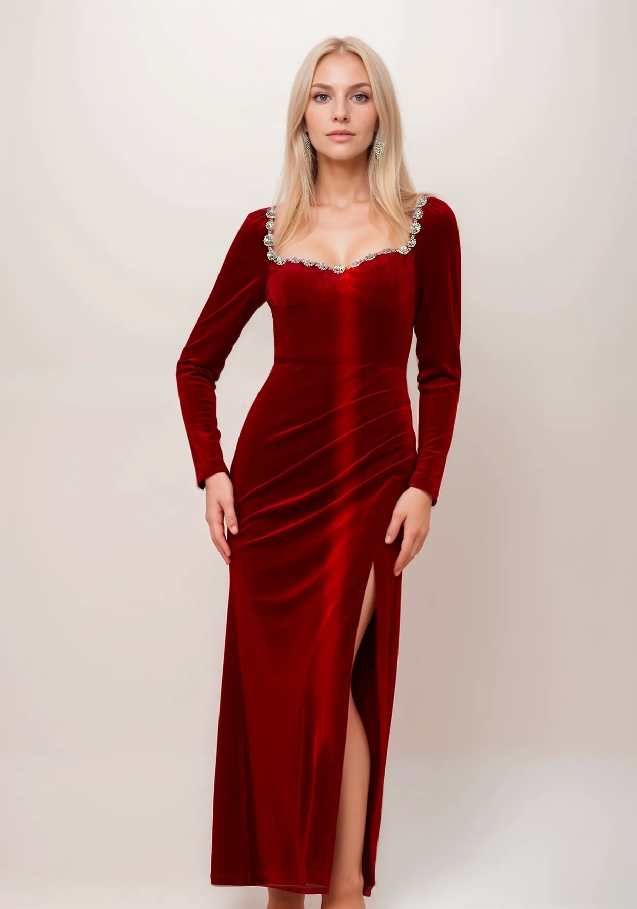 Crystal Beaded Velvet Dress with Sweetheart Neckline & Thigh Slit