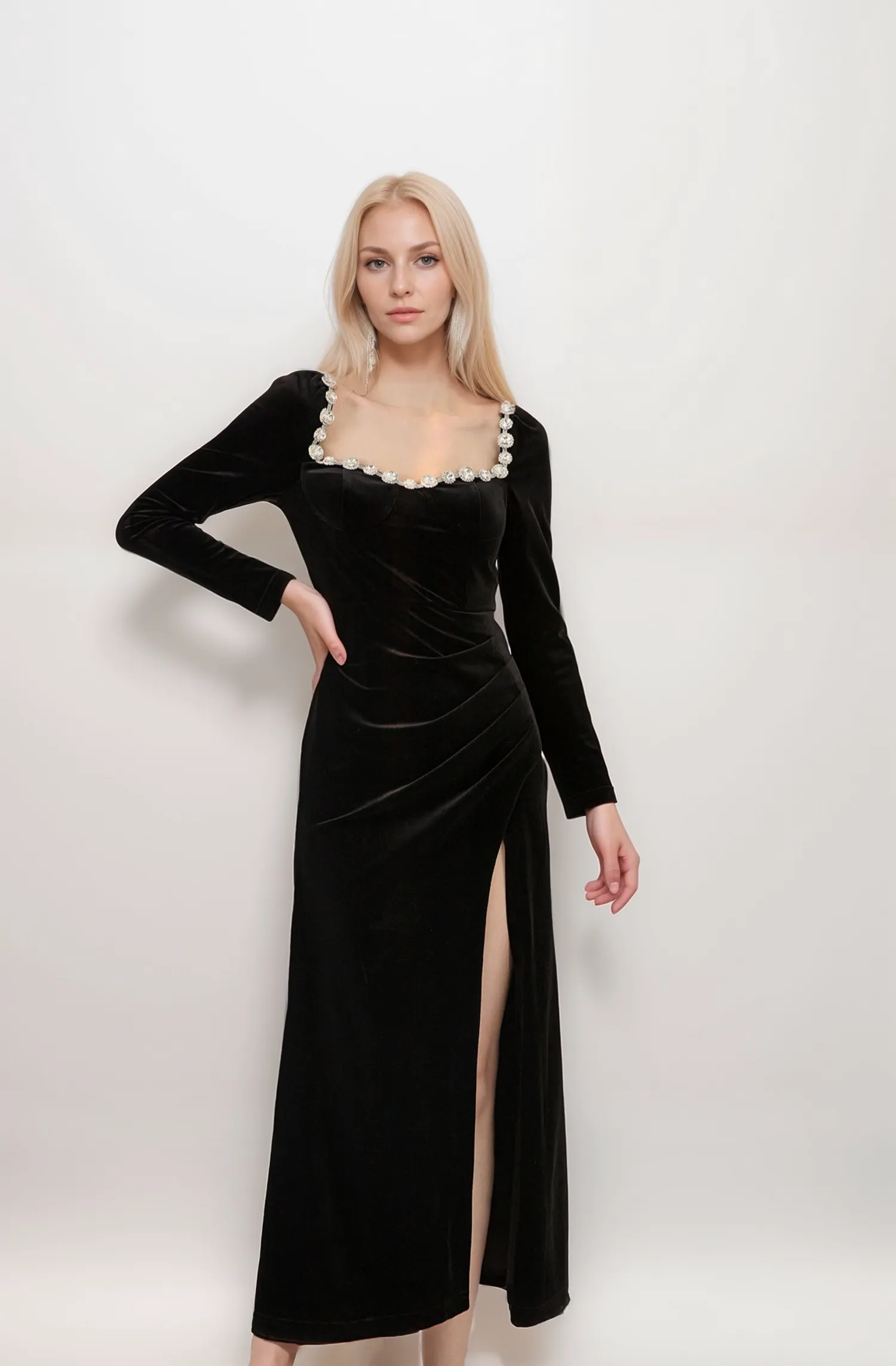 Crystal Beaded Velvet Dress with Sweetheart Neckline & Thigh Slit