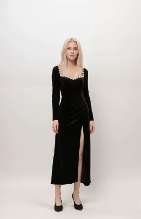 Crystal Beaded Velvet Dress with Sweetheart Neckline & Thigh Slit