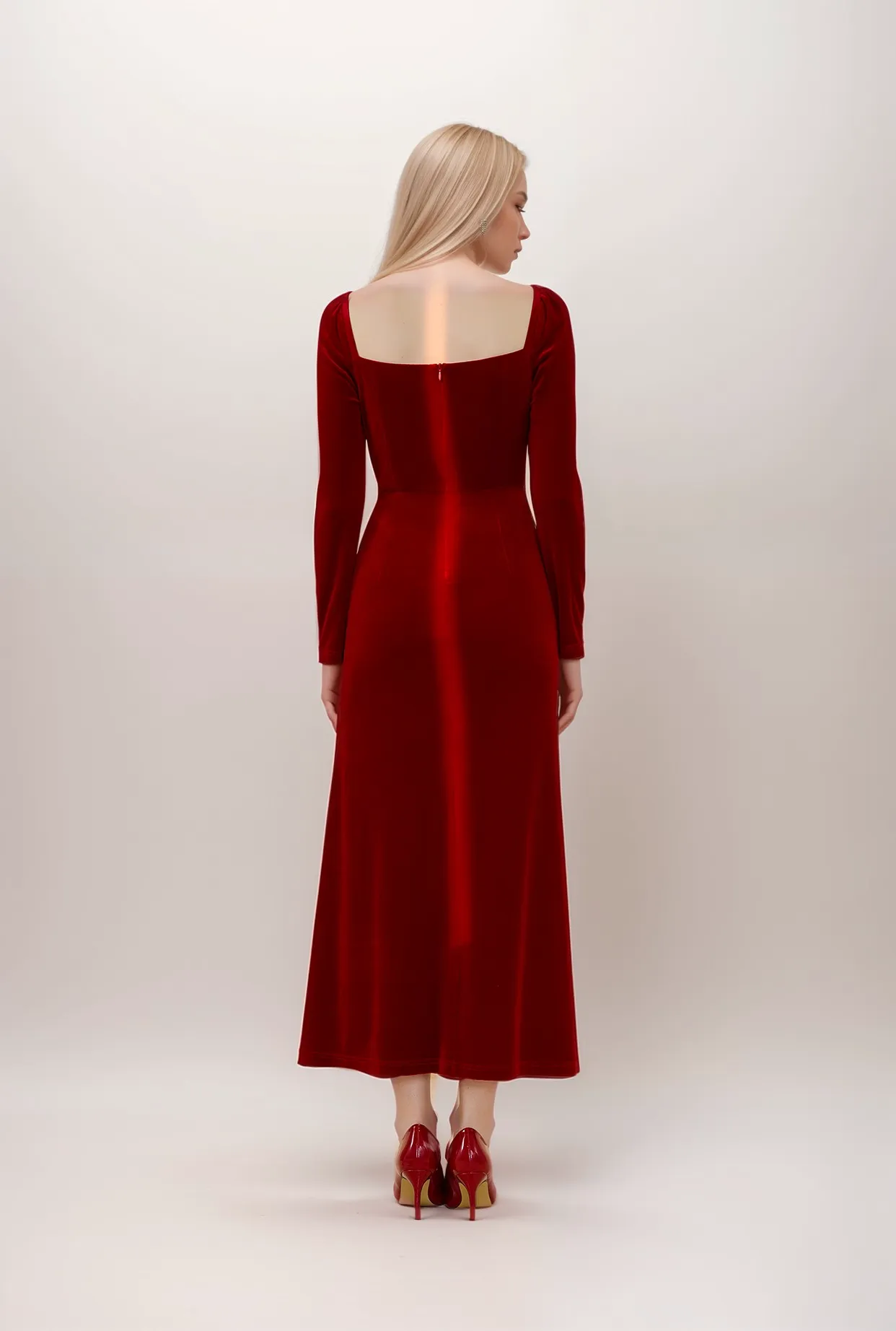 Crystal Beaded Velvet Dress with Sweetheart Neckline & Thigh Slit